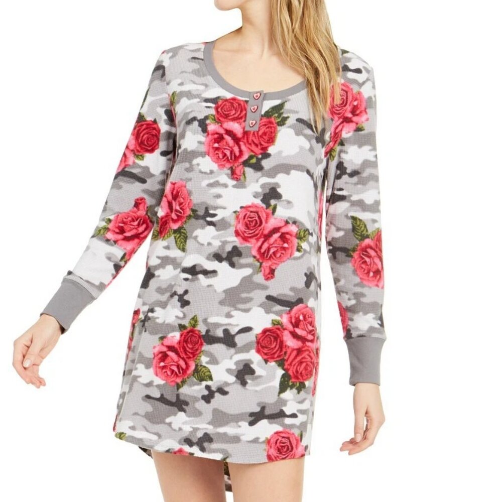 Betsey Johnson Women's Floral-Print Fleece Sleepshirt, Gray Camo Roses, Small